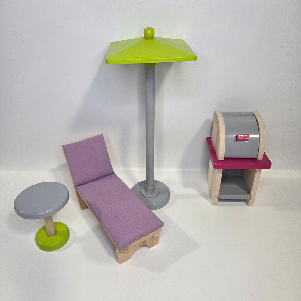 KidKraft Wooden Outdoor Patio Chair Side Table Umbrella Grill  Doll House